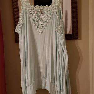 Mint green lace detailed cold shoulder blouse